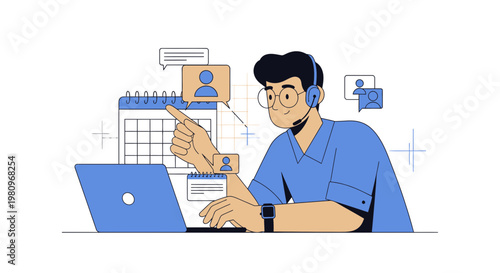 Customer support agent with headset and laptop, calendar, and chat bubbles