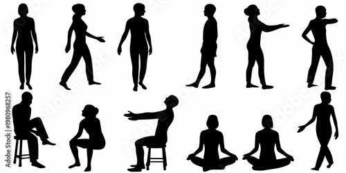 Silhouettes of people in various poses and postures against a white background