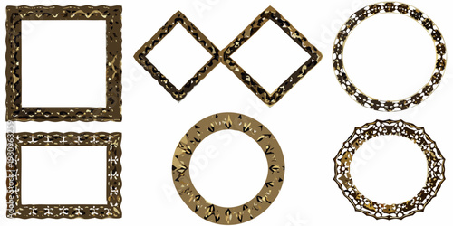 A collection of ornate gold colored geometric picture frames on white