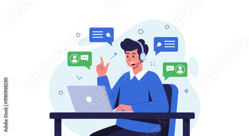 Customer support agent with headset and laptop, communication icons, flat illustration
