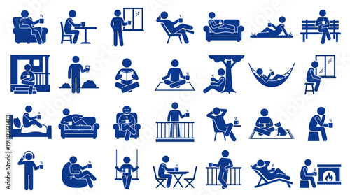Collection of blue stick figures enjoying leisure activities like reading drinking relaxing and spending time outdoors and indoors