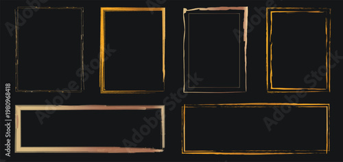 Gold grunge frame set with hand-drawn brush strokes. Vector collection of metallic golden borders with luxury texture and distressed edges for wedding invitations, premium posters and social media des