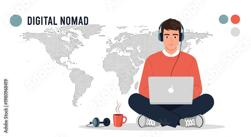 Digital Nomad Working Remotely on Laptop with Headphones and Coffee, World Map Background