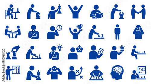 Collection of blue chess icons representing strategy, thinking, competition, and victory in the game of chess
