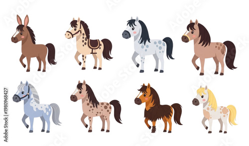 Cute Cartoon Horse Breeds Vector Set Akhal Teke Mustang Shire and More Animals