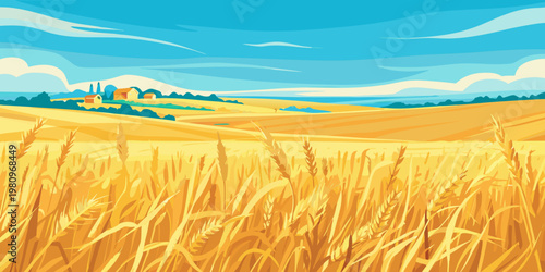Golden wheat field under a bright blue sky with distant rural buildings
