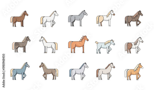 Minimal Cartoon Horse Breeds Vector Set Cute Equine Animals Clean Illustration