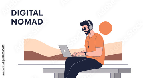 Digital Nomad Working Remotely Outdoors with Laptop and Headphones