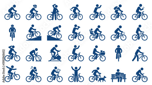 Collection of diverse bicycle rider icons and pictograms representing various cycling activities and lifestyles