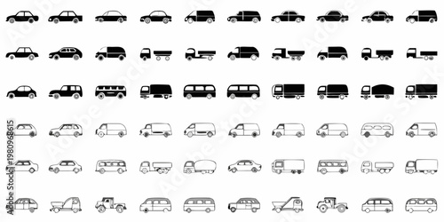 Collection of various black and white vehicle silhouettes arranged in rows