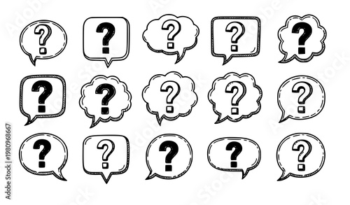 Question mark speech bubble doodle icon set hand drawn chat symbols vector illustration