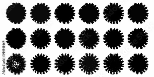 Arrangement of fifteen black circular tree top silhouettes on white