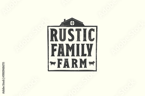 Rustic family farm logo with a house and cow illustrations