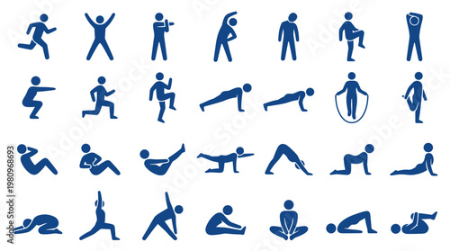 Collection of blue fitness icons representing various exercises and physical activities for health and wellness concepts