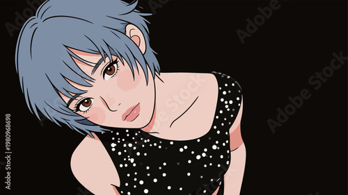 Stylized Portrait of a Woman with Short Blue Hair