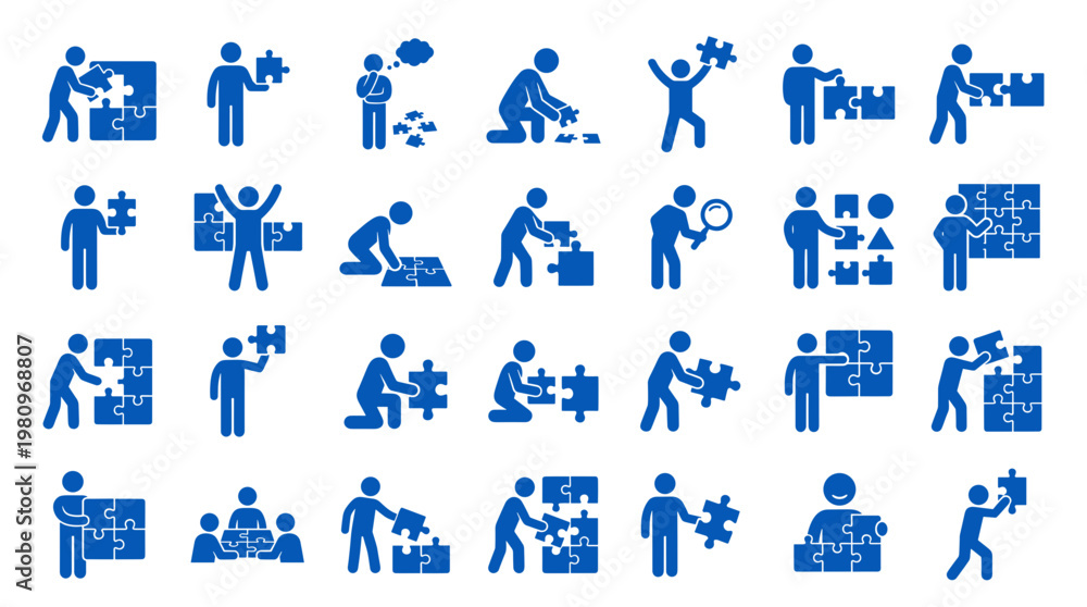 Fototapeta premium Collection of blue pictogram figures engaged in puzzle solving activities representing teamwork strategy problem solving and collaboration