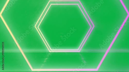 Neon hexagon appearing growing forming portal outlines sliding reflecting on transparent backdrop