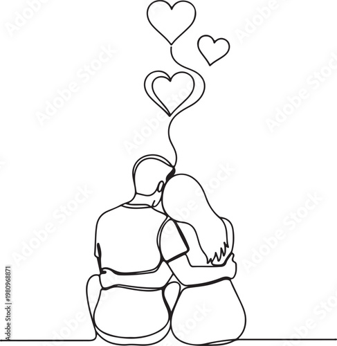 Vector illustration, romantic couple, love hearts, line art, minimalistic design, affectionate scene
