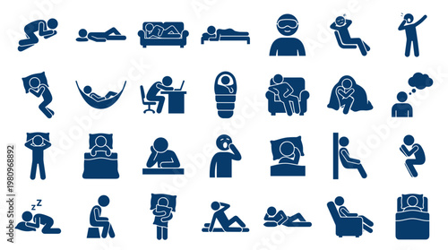Collection of stick figure icons representing various sleeping positions, resting, and relaxation poses on a white background