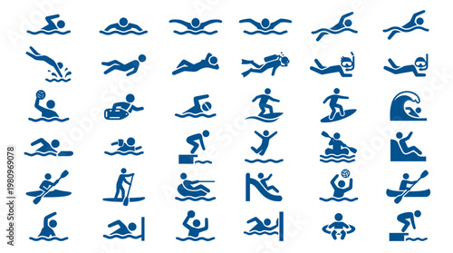 Collection of blue water sport icons representing swimming diving surfing kayaking and other aquatic activities on a white background