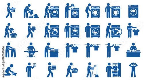 Collection of blue icons depicting various household laundry and cleaning tasks including washing drying ironing and tidying up