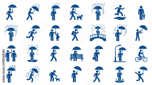 Collection of blue stick figures with umbrellas in various weather situations, illustrating rainy day activities and protection from precipitation.