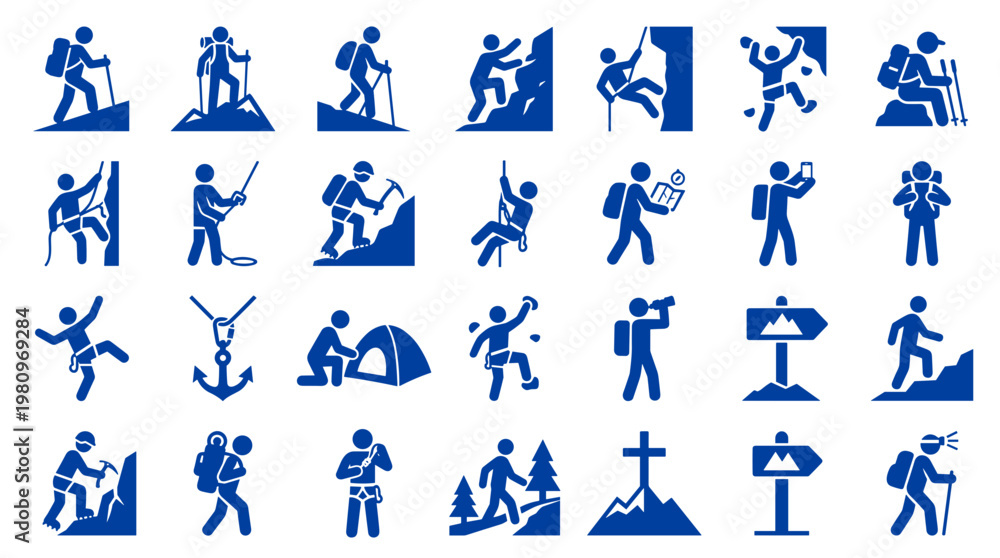 Fototapeta premium Collection of blue climbing and hiking icons representing adventure travel outdoor activities and extreme sports on a white background