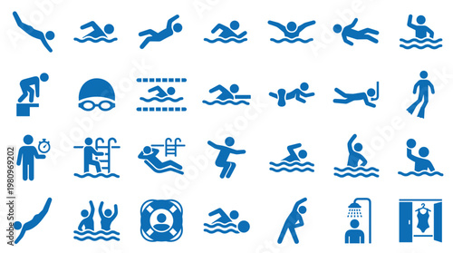 Collection of blue swimming icons representing various aquatic activities and pool related elements for sports and leisure concepts