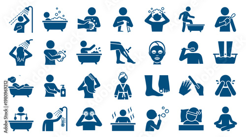Collection of hygiene and personal care icons depicting daily routines like showering bathing washing face and brushing teeth for wellness and health concepts