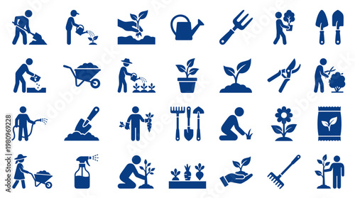Gardening icons set representing planting watering and tools for cultivation and plant care
