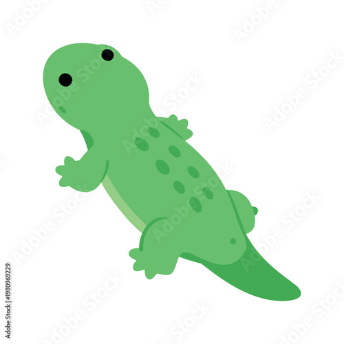 Cartoon illustration of a vibrant green axolotl with black eyes and a cute tail