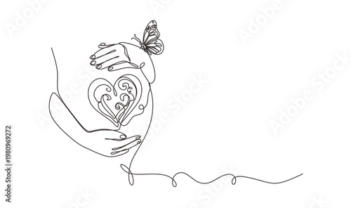 Continuous line drawing of a pregnant woman with butterfly. One line drawing of a pregnant woman. Pregnant belly with heart and butterfly.