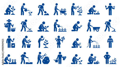 Gardening activities icons set blue silhouette people planting watering and caring for plants in garden flat design style