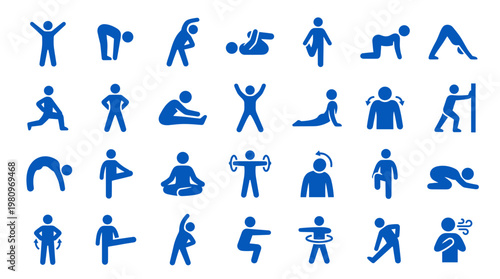 Collection of blue human icons depicting various fitness exercises and yoga poses for health and wellness concepts