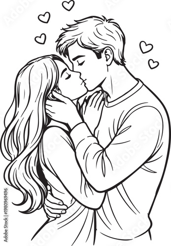 Romantic couple kissing, love illustration, vector line art, black and white, hearts