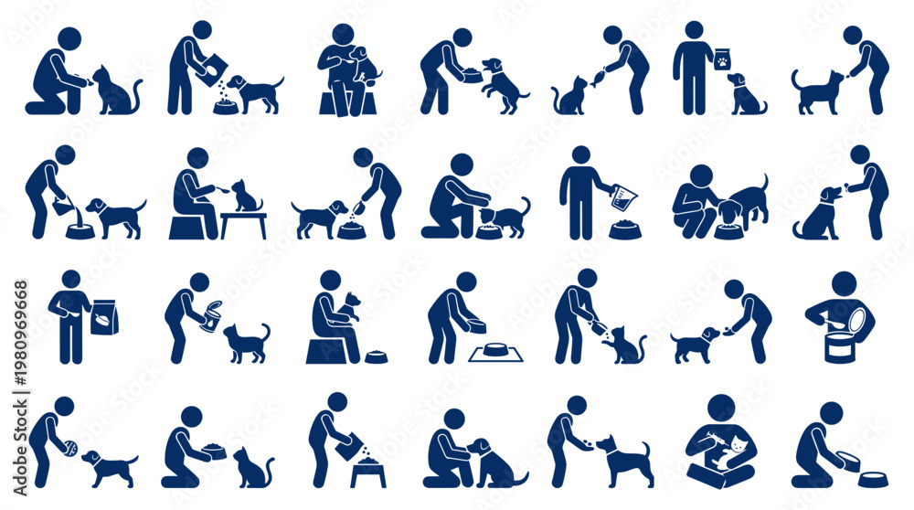 Εκτύπωση καμβά Collection of simple blue icons depicting people feeding and caring for pets lik