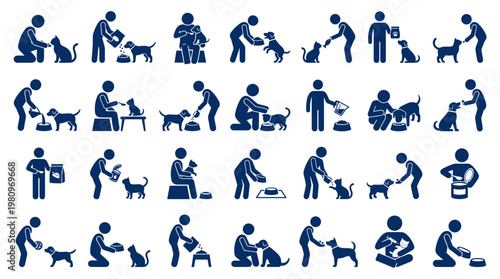 Collection of simple blue icons depicting people feeding and caring for pets like dogs and cats in various domestic settings