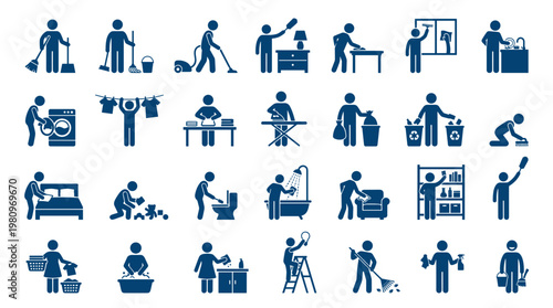 Collection of pictogram icons representing household chores and cleaning activities for home maintenance and hygiene concepts