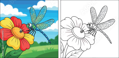 Cartoon green and blue dragonfly hovering over a red and yellow flower with a small fly, vector illustration