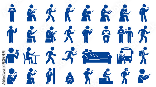 Diverse group of blue stick figures engaged in various activities using smartphones and mobile devices illustrating modern digital life and communication