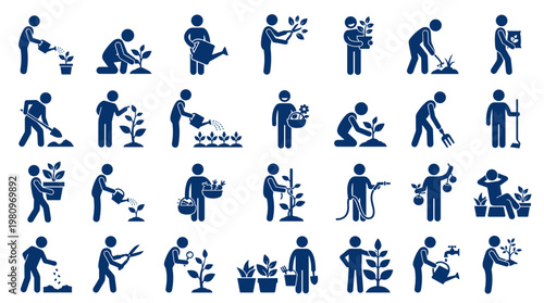 Gardening activities icons set people planting watering and caring for plants in a garden illustration