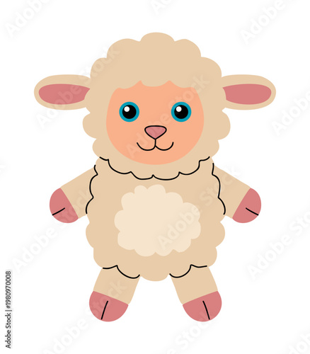 Cute cartoon sheep with fluffy white wool. Blue eyes and pink nose add charm. Simple design perfect for children's content. Softly colored limbs and ears enhance cuteness