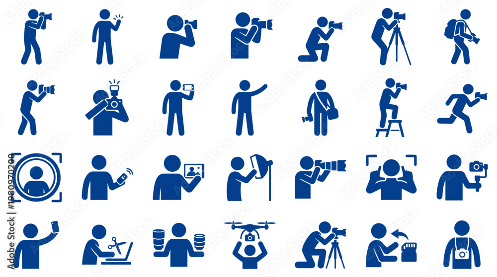 Fototapeta premium Collection of blue pictogram icons representing photographers and videographers in various poses and actions with cameras and equipment