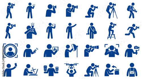 Collection of blue pictogram icons representing photographers and videographers in various poses and actions with cameras and equipment