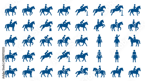 Collection of equestrian sport icons showing horse riding disciplines and horse racing silhouettes in various poses and actions