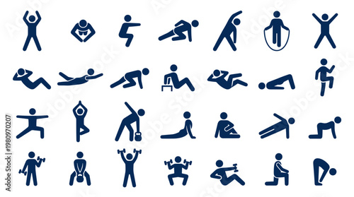 Collection of diverse human figures performing various fitness exercises and sports activities demonstrating healthy lifestyle and physical wellness