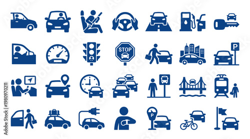 Collection of blue car icons representing transportation concepts like driving, traffic, parking, and electric vehicles