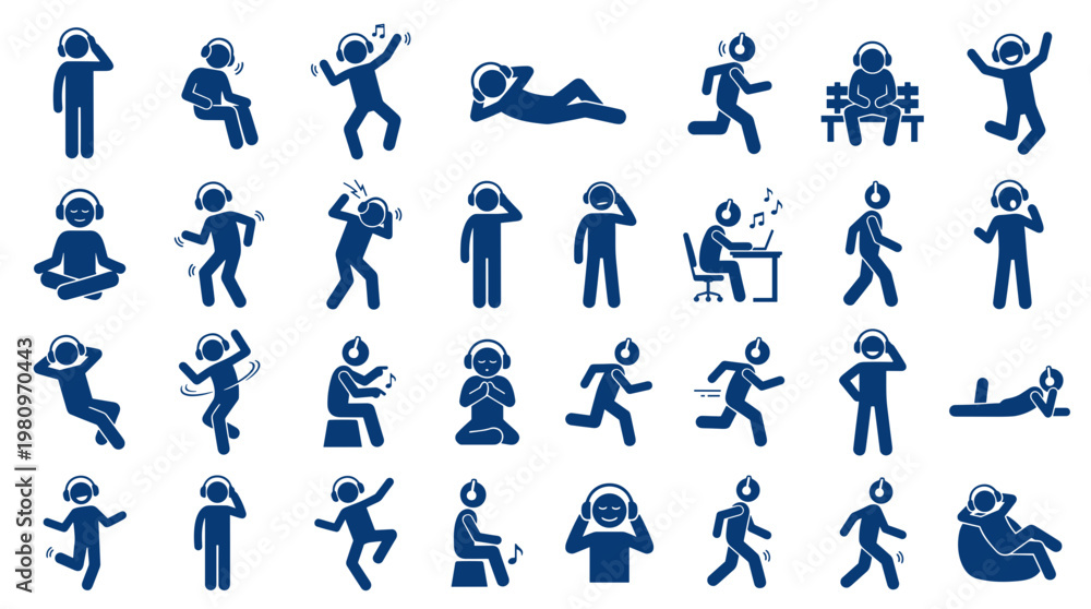 Fototapeta premium Collection of diverse stick figure icons enjoying music with headphones in various active and relaxed poses on a white background representing lifestyle and entertainment