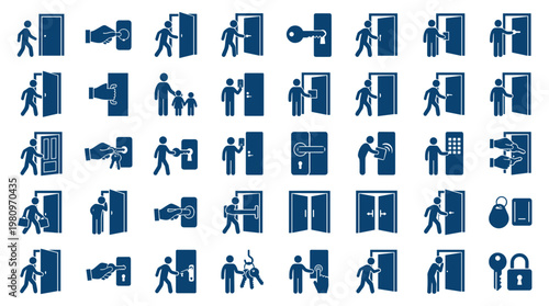 Collection of blue door icons and symbols representing entry exit access security and home or office access control concepts