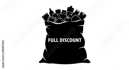 Overflowing shopping bag with sale tags for full discount promotion